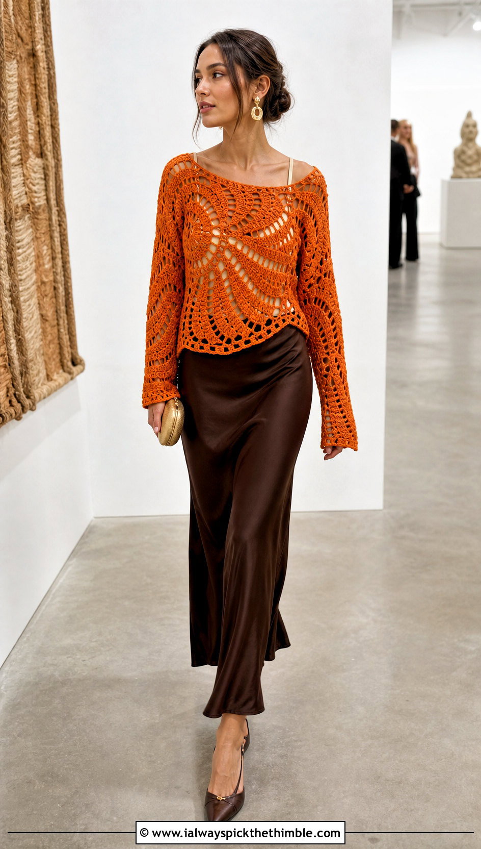 Open Stitch Spiral Crochet Sweater With Satin Slip Skirt - 25 spiral crochet sweater outfit ideas