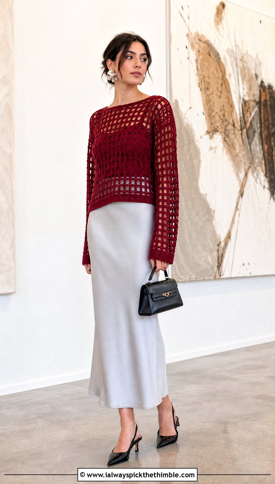 Open Stitch Square Jumper With Satin Slip Skirt - 20 crochet square jumper outfit ideas