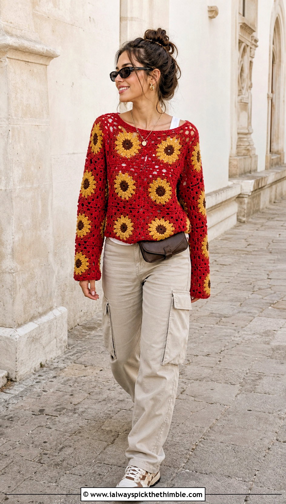 Open Stitch Sunflower Granny Square Pullover Sweater With Cargo Pants - 15 Sunflower Granny Square Pullover Sweater outfit ideas