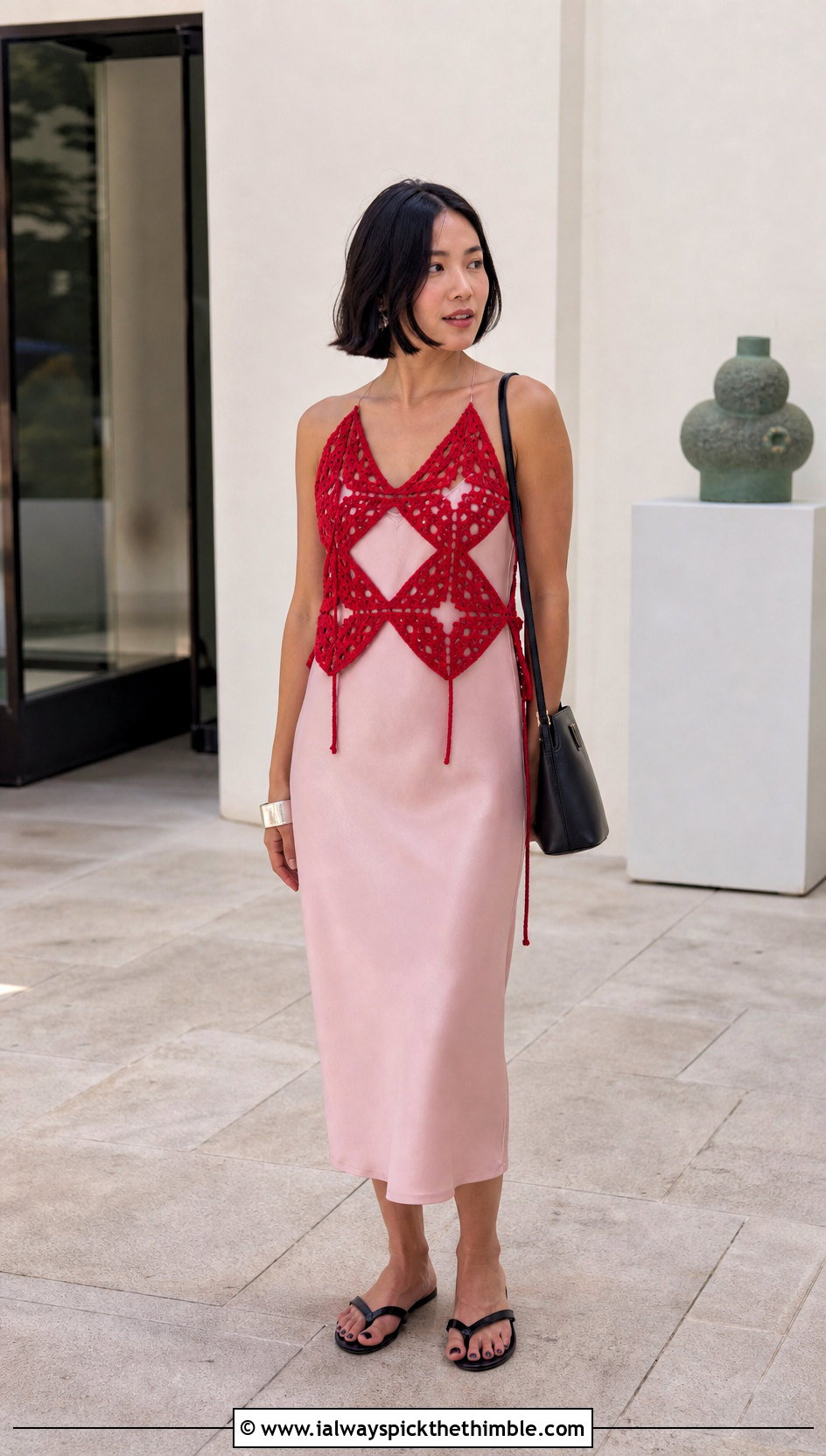 Open Stitch Triangle Granny Square Top Over A Slip Dress - 20 triangle granny square top outfit ideas
