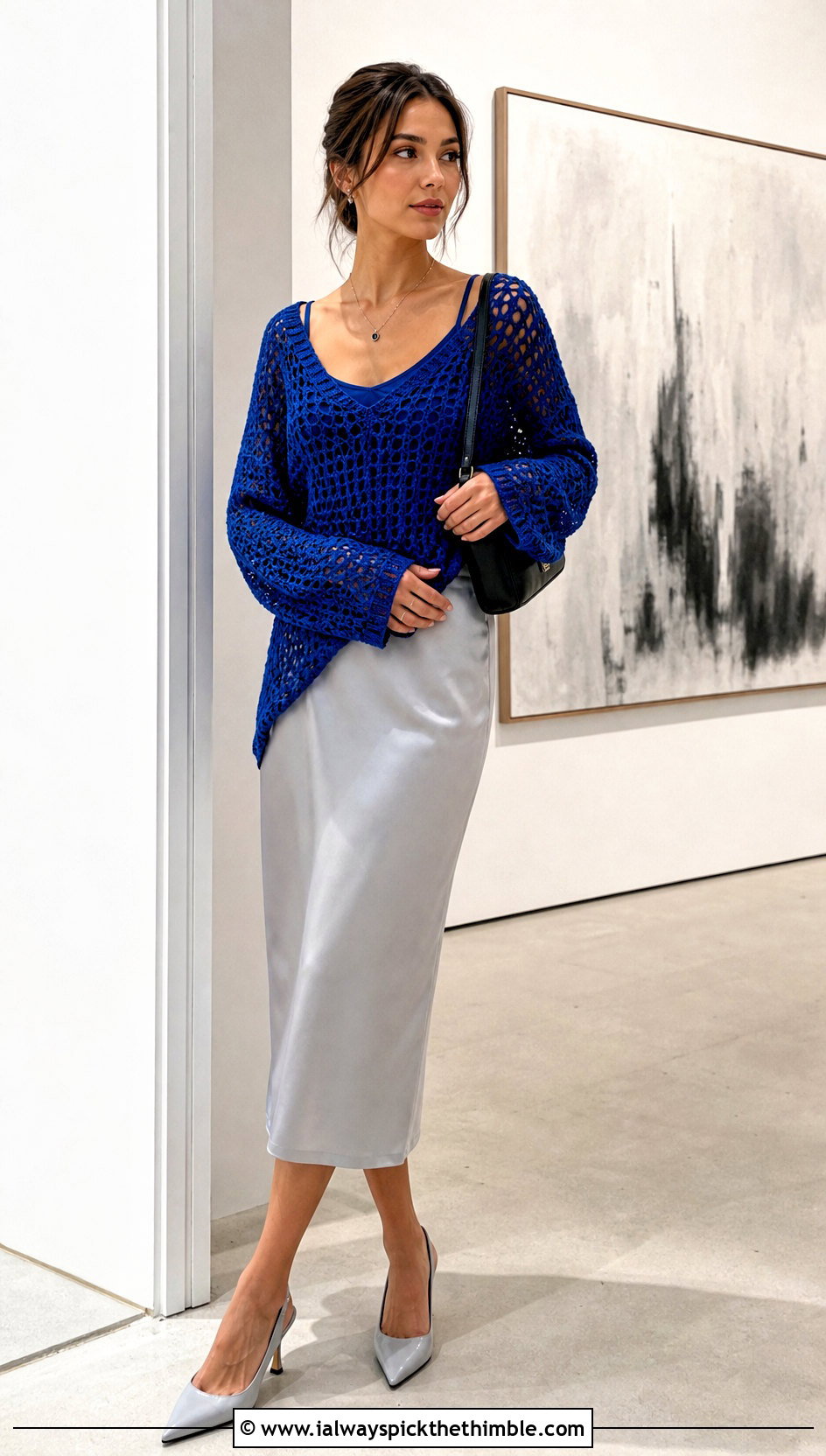 Open Stitch V Neck Oversized Crochet Sweater With Satin Midi Skirt - 15 Oversized Crochet Sweaters outfit ideas
