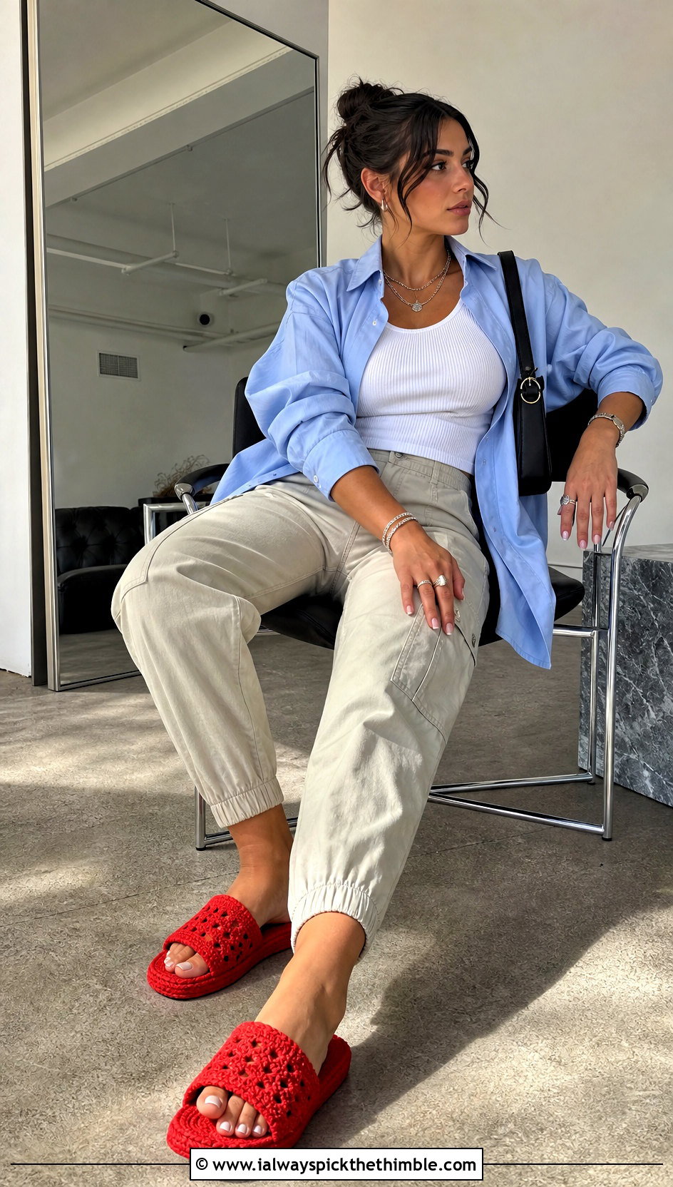 Open Toe Crochet Slide Slippers With Cargo Pants - 20 Easy Crocheted Slippers outfit ideas