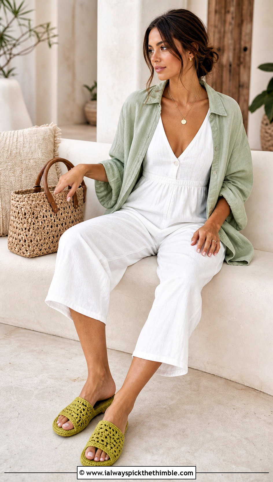 Open Toe Crochet Slippers With Linen Jumpsuit - 25 crochet slippers outfit ideas