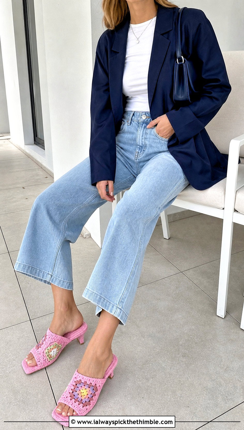 Open Toe Granny Square Slipper Mules With Wide Leg Jeans - 15 Crochet Granny Square Slipper outfit ideas