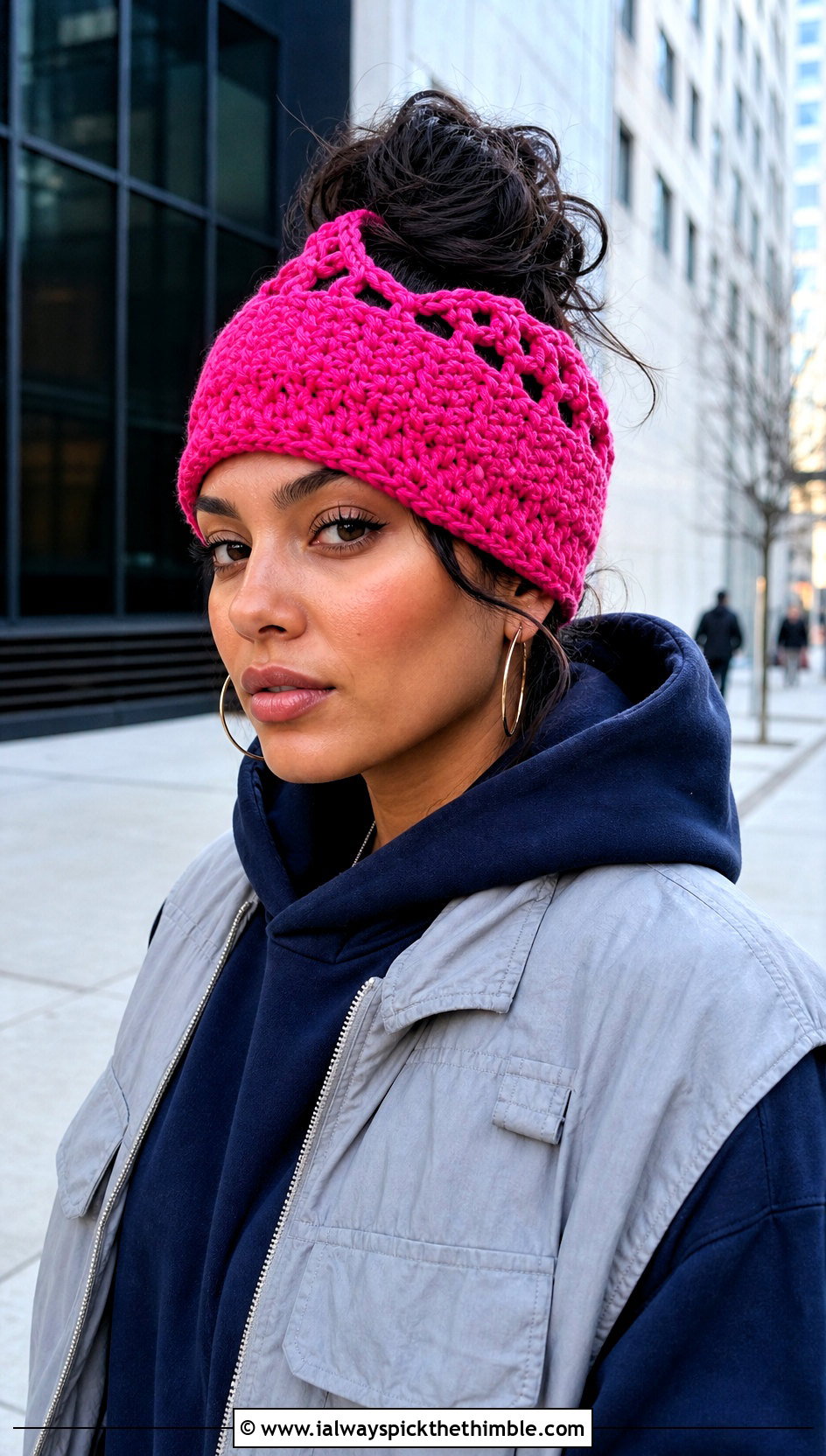 Open Top Crochet Messy Bun Hat With Hoodie - 20 easy crochet ponytail hat outfit ideas