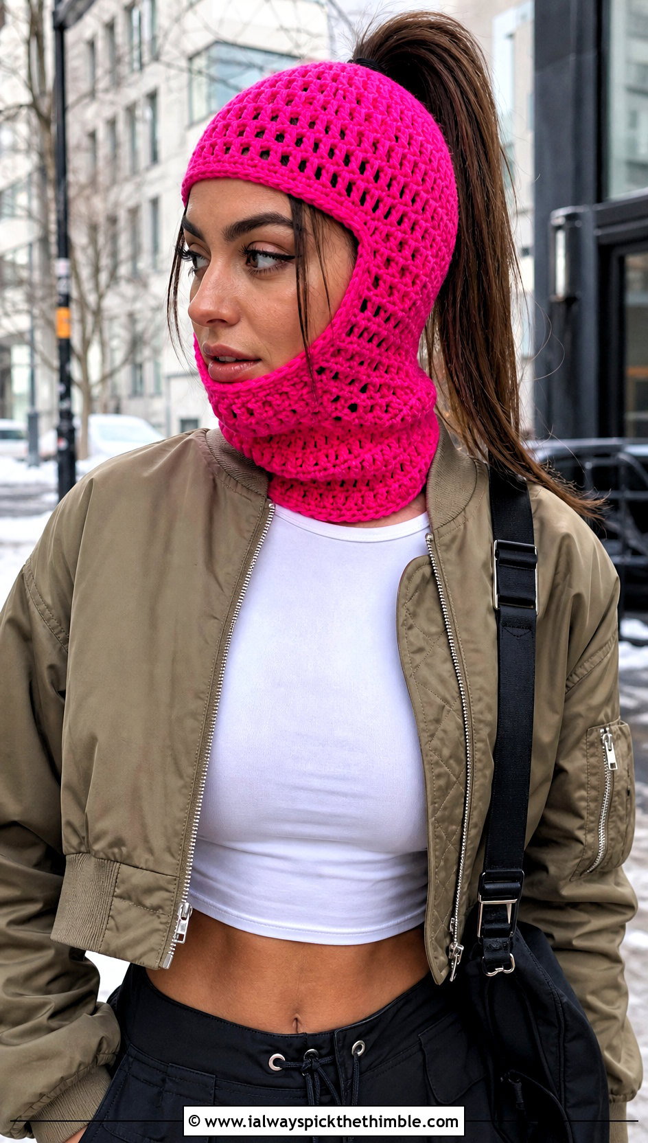 Open Top Crochet Ski Mask With Bomber Jacket - 20 crochet balaclava ski mask outfit ideas