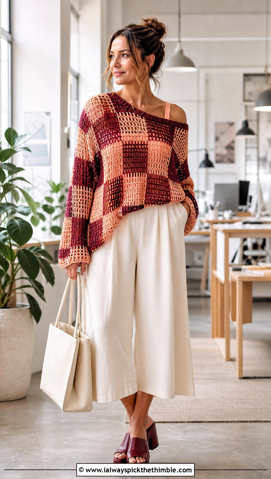 Open Weave Checkered Crochet Sweater With Wide Leg Culottes - 20 checkered crochet sweater outfit ideas