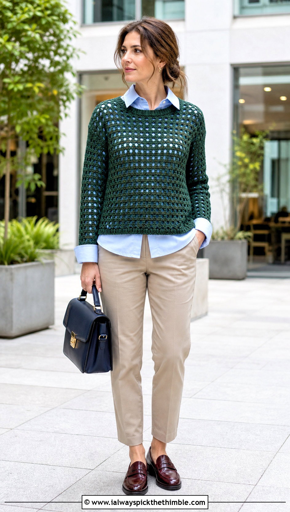 Open Weave Crochet Boxy Sweater Over A Button Down Shirt - 20 Crochet Boxy Sweater outfit ideas