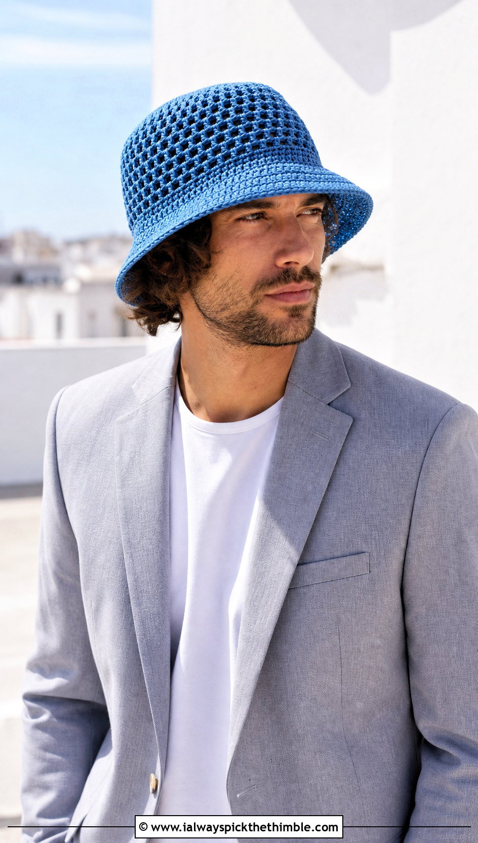 Open Weave Crochet Bucket Hat With Blazer And Shorts - 25 crochet hat men outfit ideas
