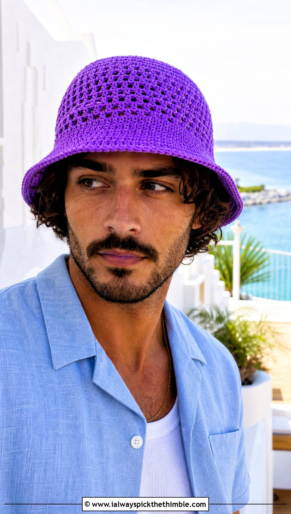 Open Weave Crochet Bucket Hat With Linen Shirt - 25 crochet hats men outfit ideas