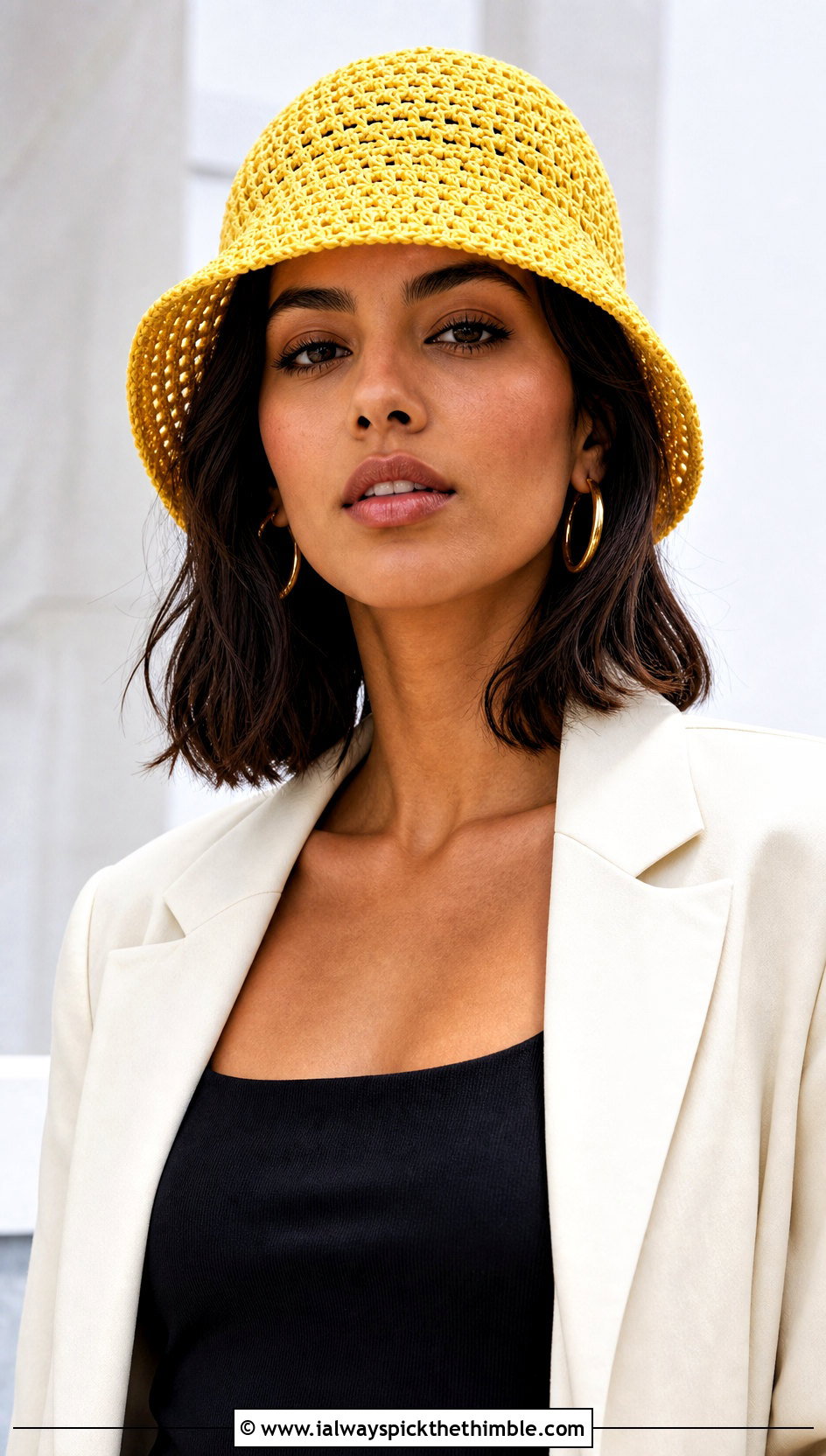 Open Weave Crochet Bucket Hat With Tailored Trousers - 25 Crochet Hats For Women outfit ideas