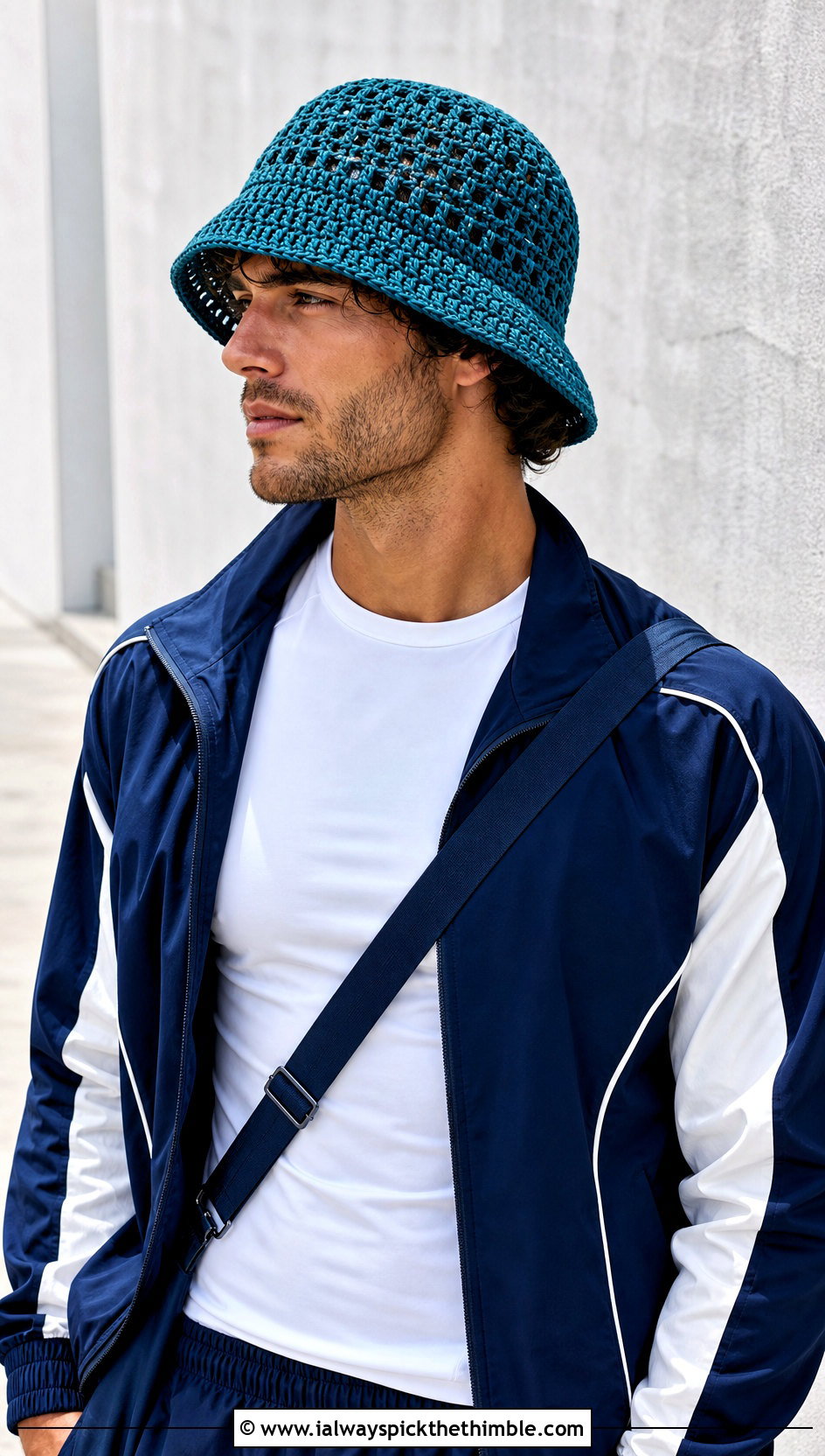 Open Weave Crochet Bucket Hat With Track Jacket And Nylon Shorts - 15 men's crochet bucket hat outfit ideas