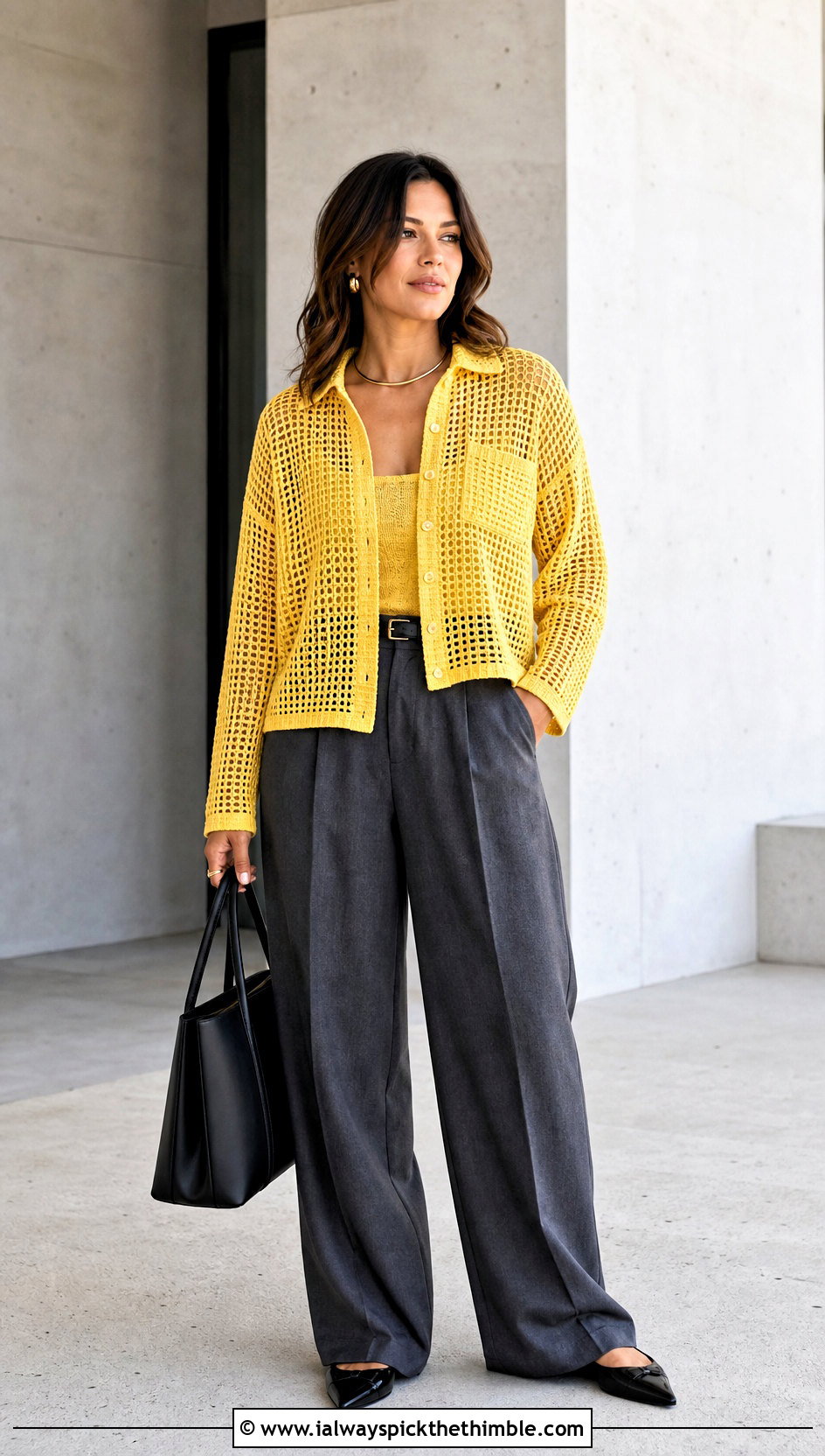 Open Weave Crochet Button Up Shirt With Wide Leg Trousers - 25 crochet collared shirt outfit ideas