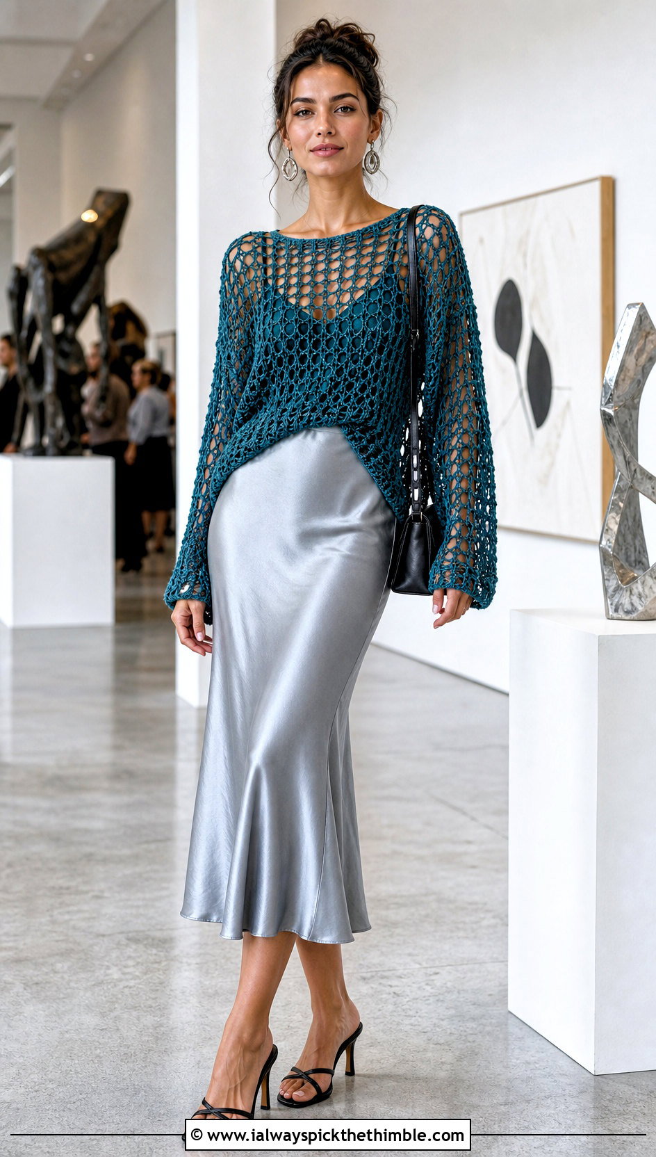 Open Weave Crochet Couch Sweater With Satin Midi Skirt - 15 Crochet Couch Sweater outfit ideas