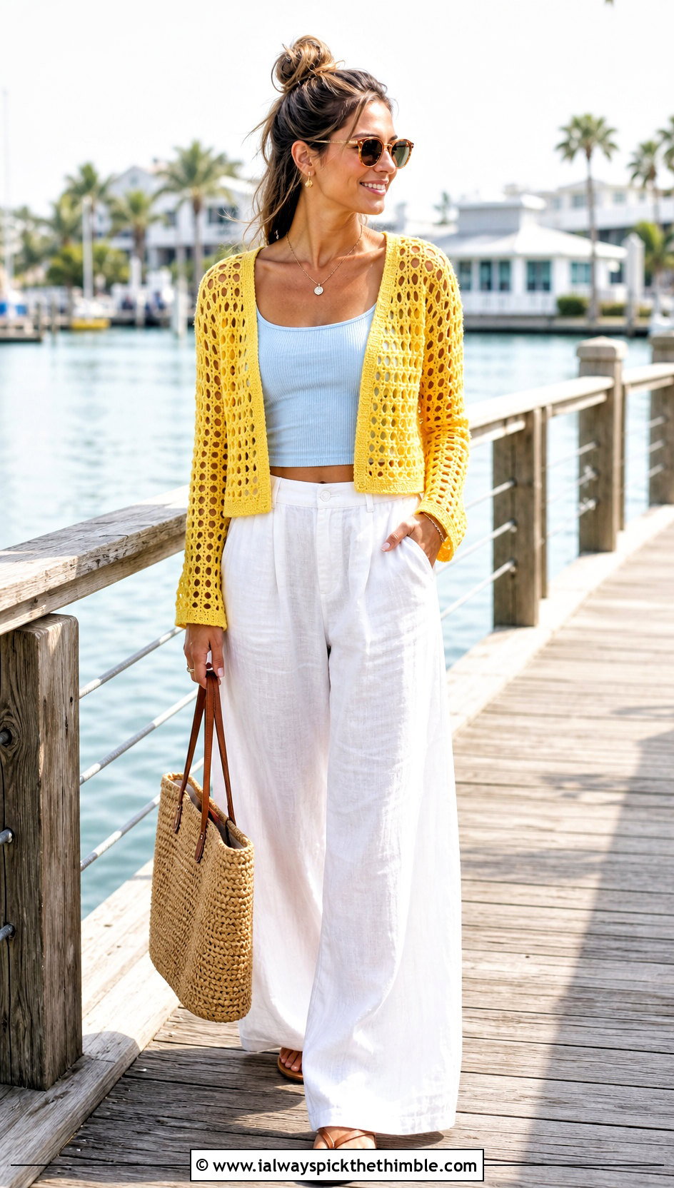 Open Weave Crochet Crop Cardigan With Linen Pants - 20 Chunky Crochet Crop Cardigan outfit ideas