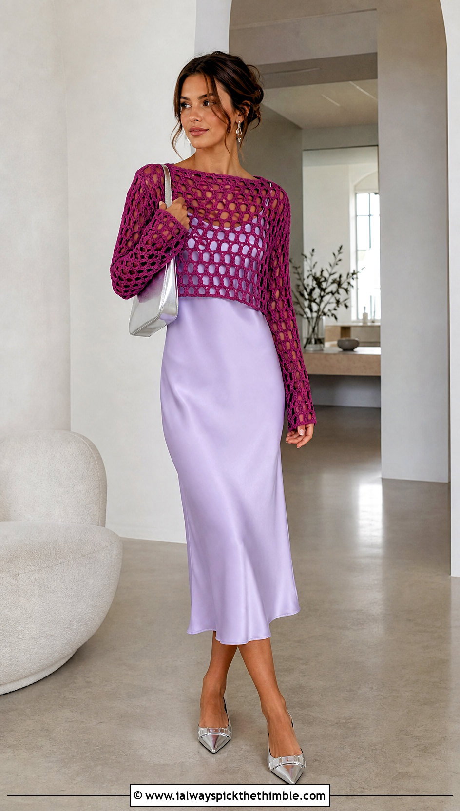 Open Weave Crochet Crop Top Over A Slip Dress - 25 crochet crop top outfits ideas