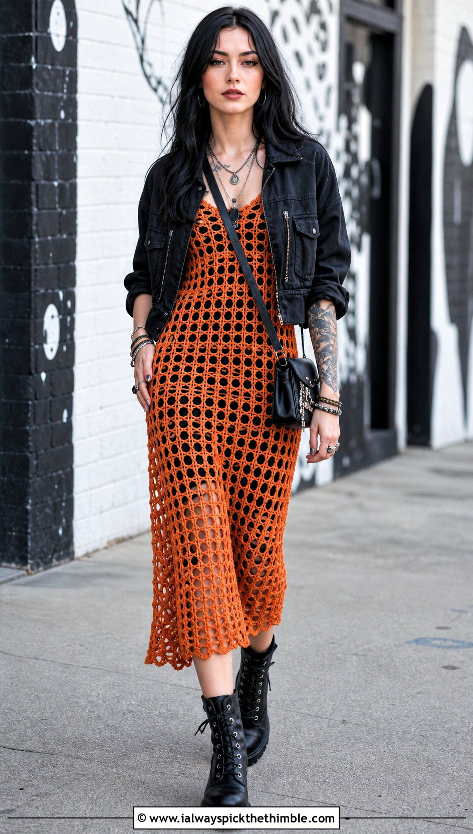 Open Weave Crochet Dress With Combat Boots - 25 Crochet Goth Clothes and outfit ideas