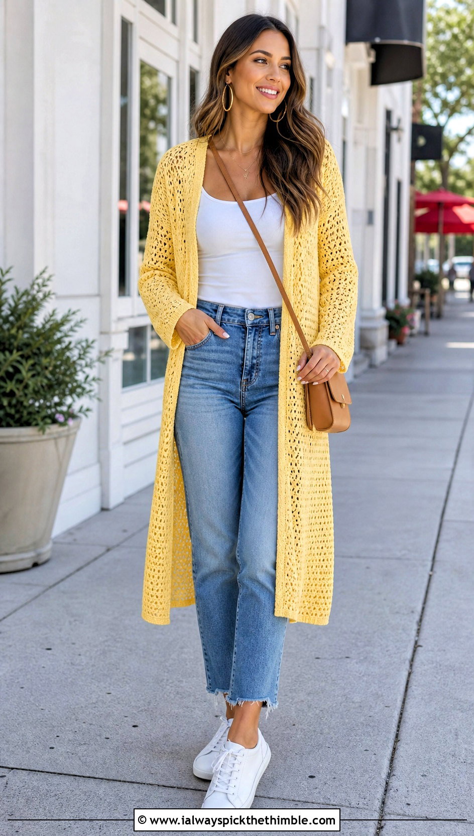 Open Weave Crochet Duster Cardigan With Straight Leg Jeans - 25 crochet duster cardigan outfit ideas