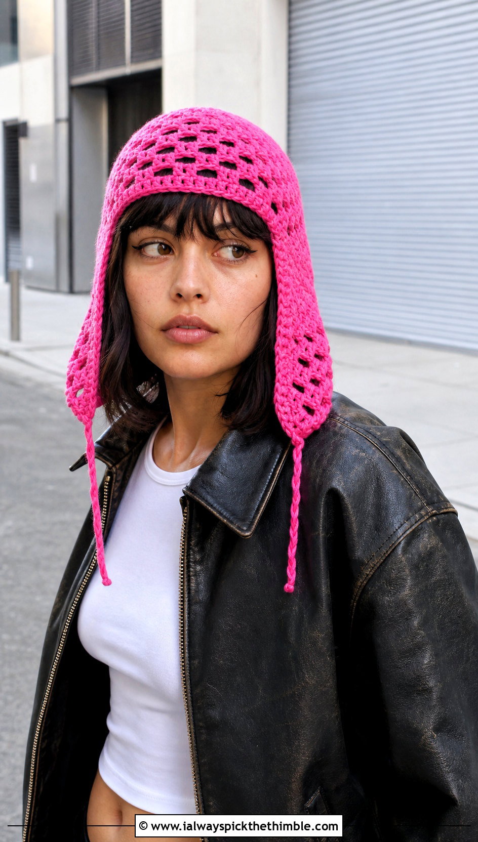 Open Weave Crochet Ear Flap Hat With Leather Jacket - 20 crochet adult ear flap hat outfit ideas