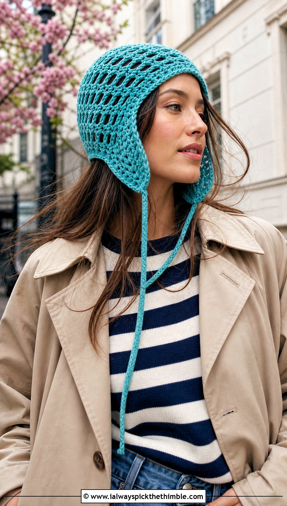 Open Weave Crochet Ear Flap Hat With Trench Coat - 20 crochet ear flap hat outfit ideas