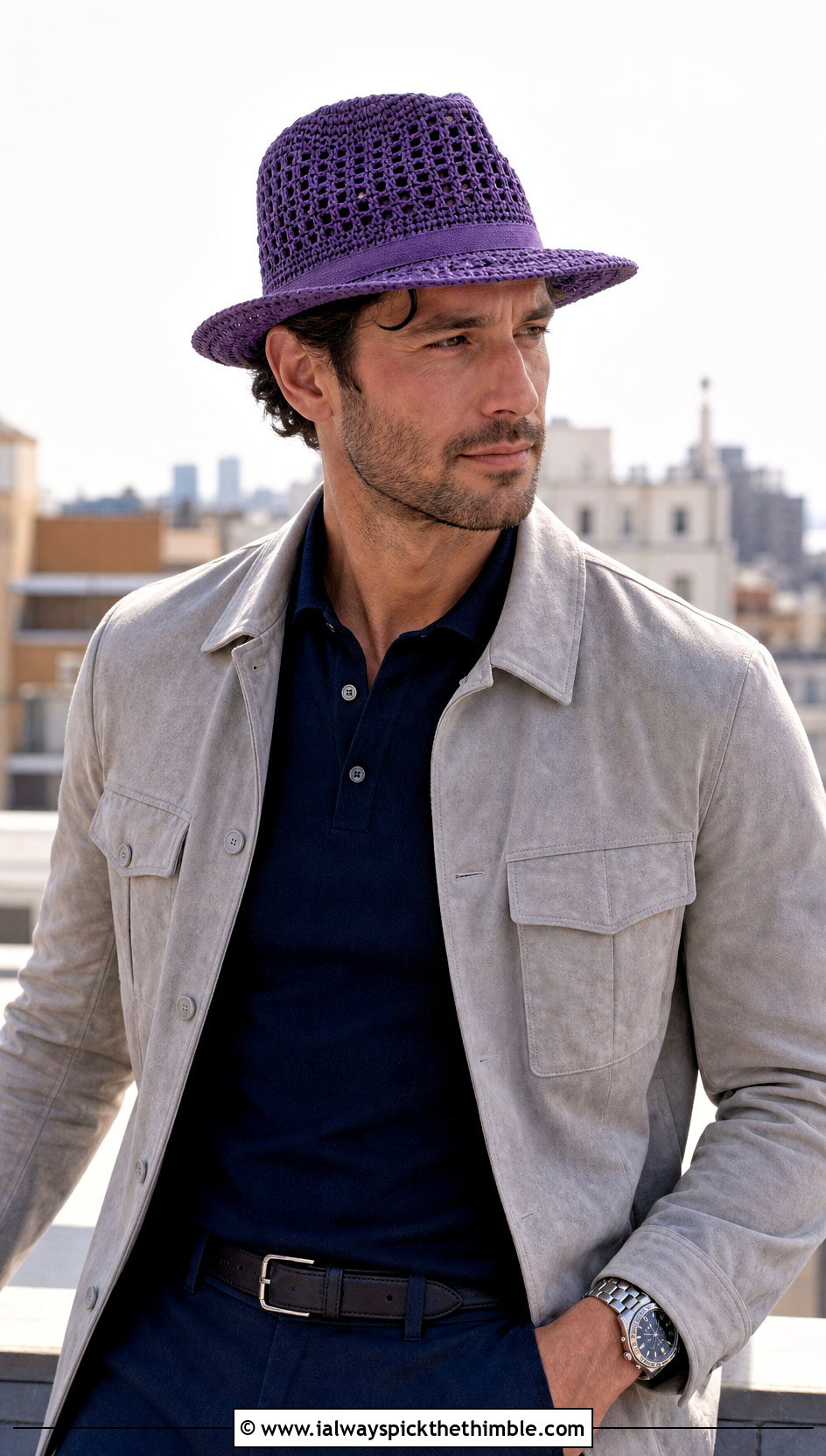 Open Weave Crochet Fedora With Knit Polo And White Jeans - 25 crochet hat for men outfit ideas