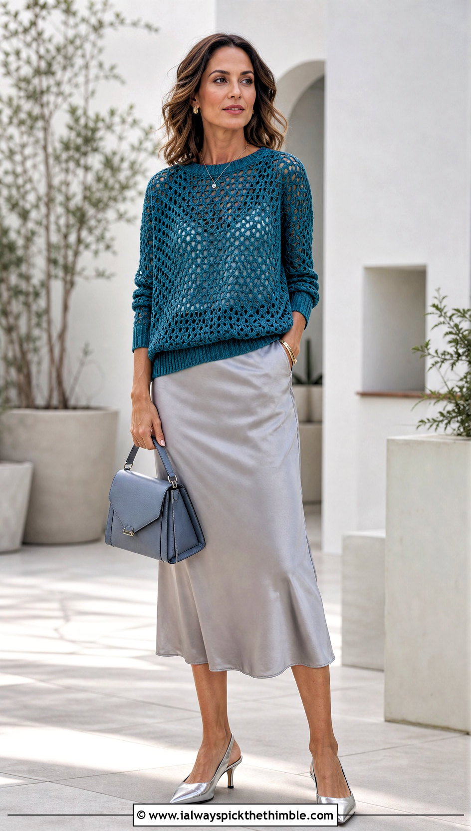 Open Weave Crochet Knit Sweater With Satin Midi Skirt - 25 Crochet Knit Sweater outfit ideas
