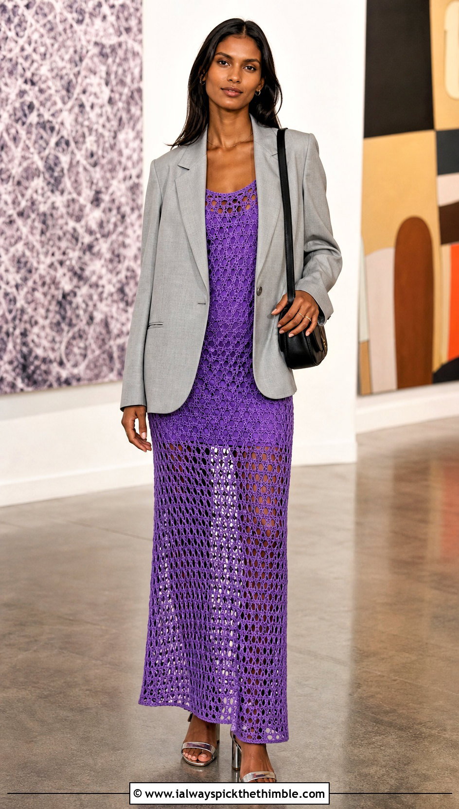 Open Weave Crochet Maxi Dress With Oversized Blazer - 20 unique crochet clothing and outfit ideas