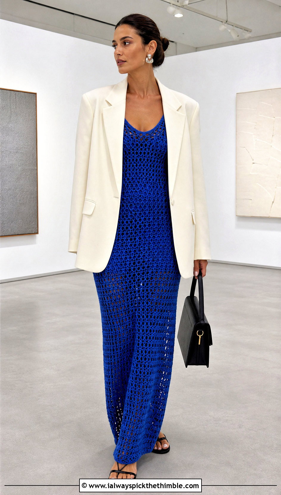 Open Weave Crochet Maxi Dress With Oversized Blazer - 20 crochet a dress for women outfit ideas