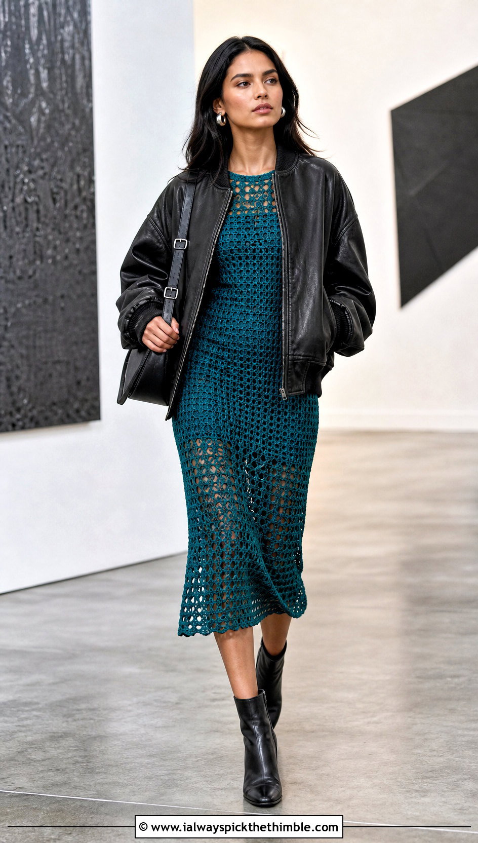 Open Weave Crochet Midi Dress With Leather Bomber Jacket - 15 Boho Hippie Crochet Dress outfit ideas