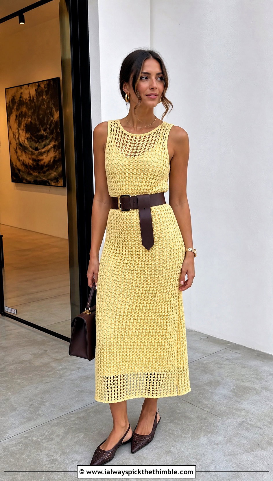 Open Weave Crochet Midi Dress With Wide Leather Belt - 20 crochet dress accessories outfit ideas