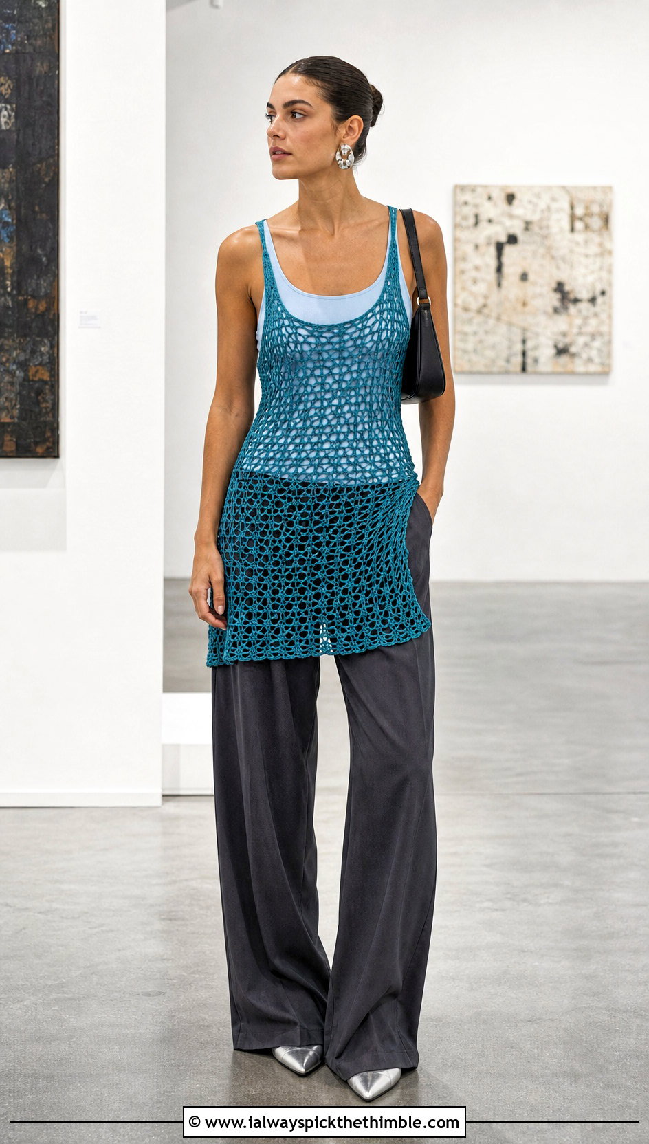 Open Weave Crochet Mini Dress With Wide Leg Trousers - 25 crochet mini dress outfit ideas