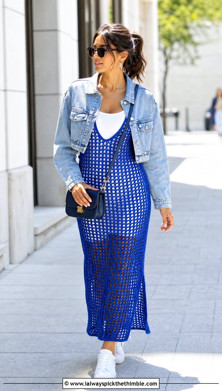 Open Weave Crochet Net Maxi Dress With Denim Jacket - 20 crochet net dress outfit ideas