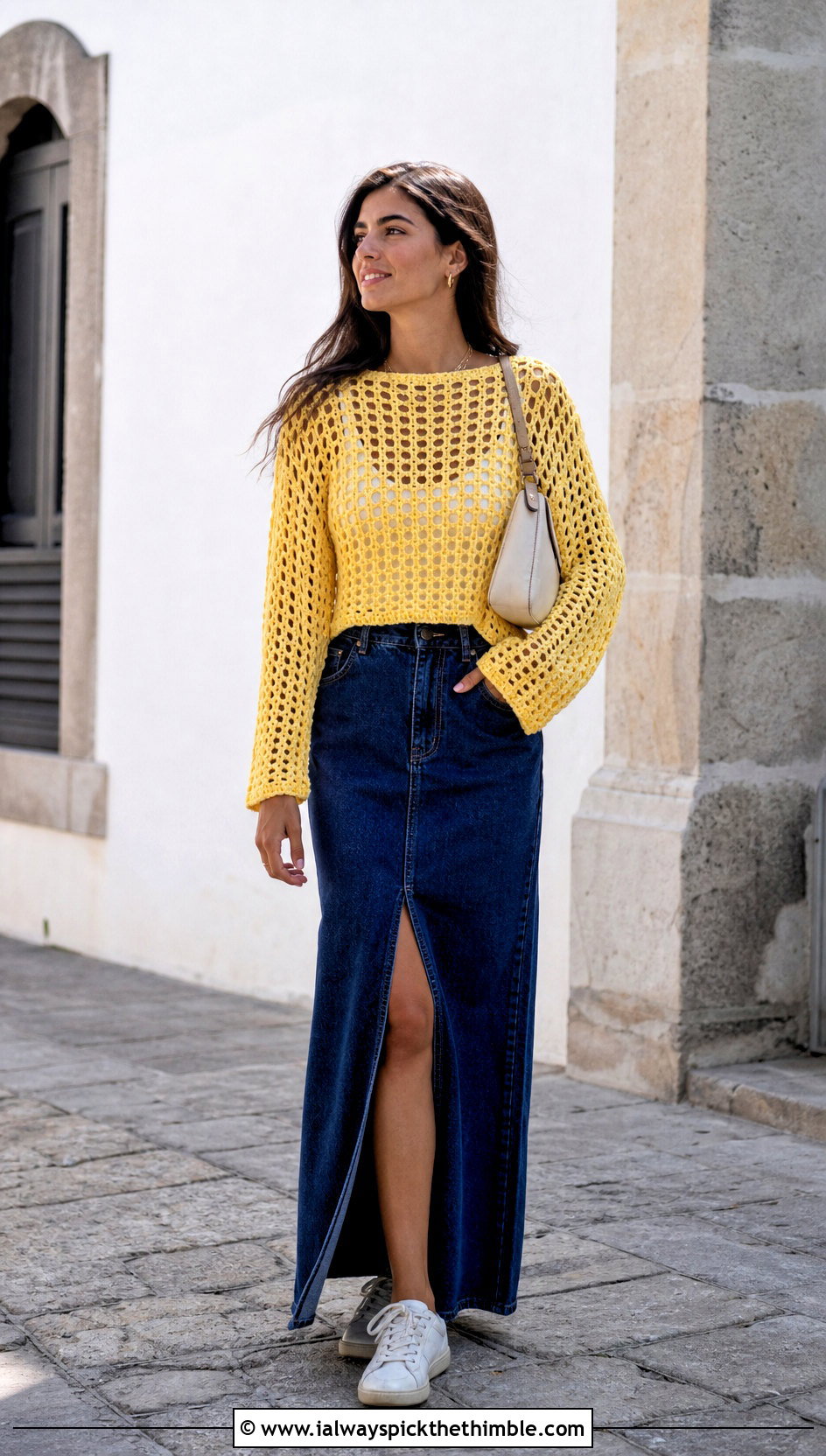 Open Weave Crochet Pullover With Denim Maxi Skirt - 20 aesthetic long sleeve crochet tops outfit ideas