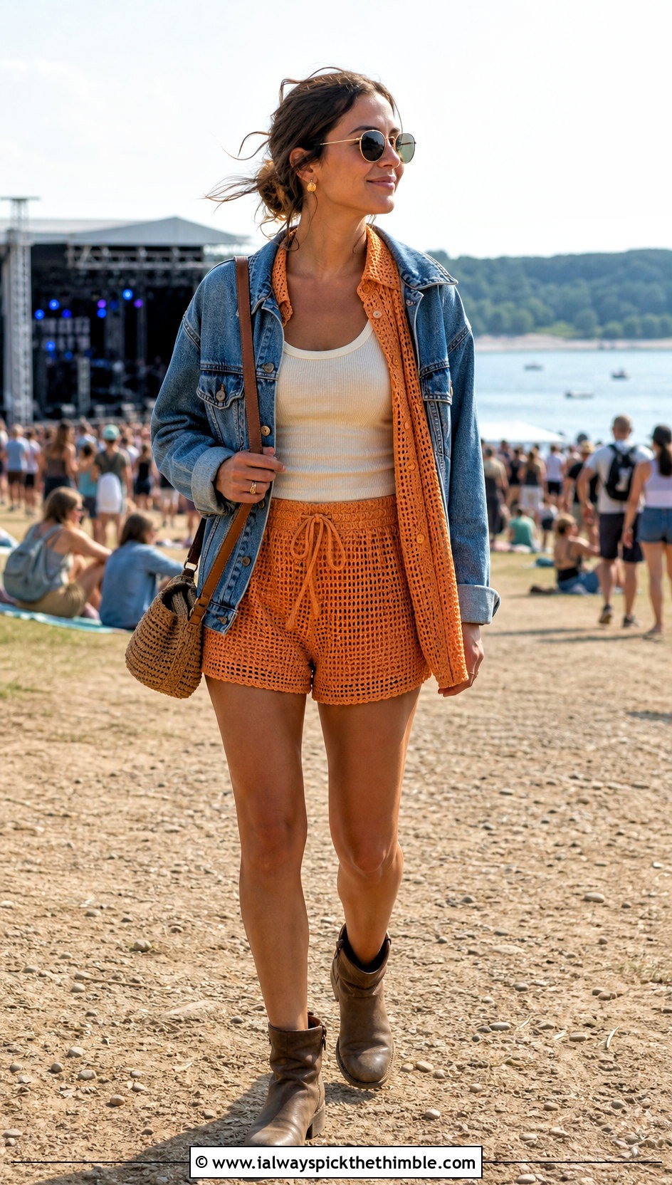 Open Weave Crochet Shirt And Shorts Set - 20 festival crochet two piece outfit ideas