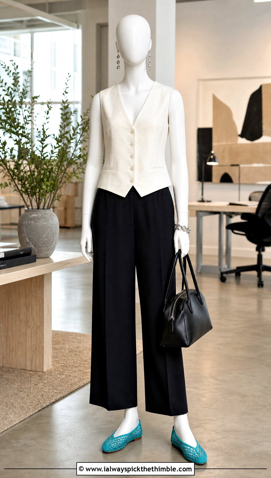 Open Weave Crochet Slip On Flats With Wide Leg Trousers - 15 crochet slip-on shoes on mannequin outfit ideas