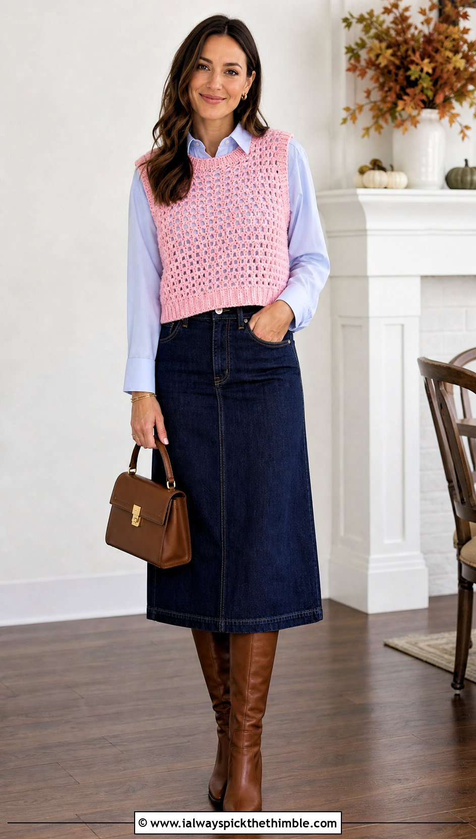 Open Weave Crochet Sweater Vest With Button Down Shirt And Midi Skirt - 20 Crochet Thanksgiving Sweater outfit ideas