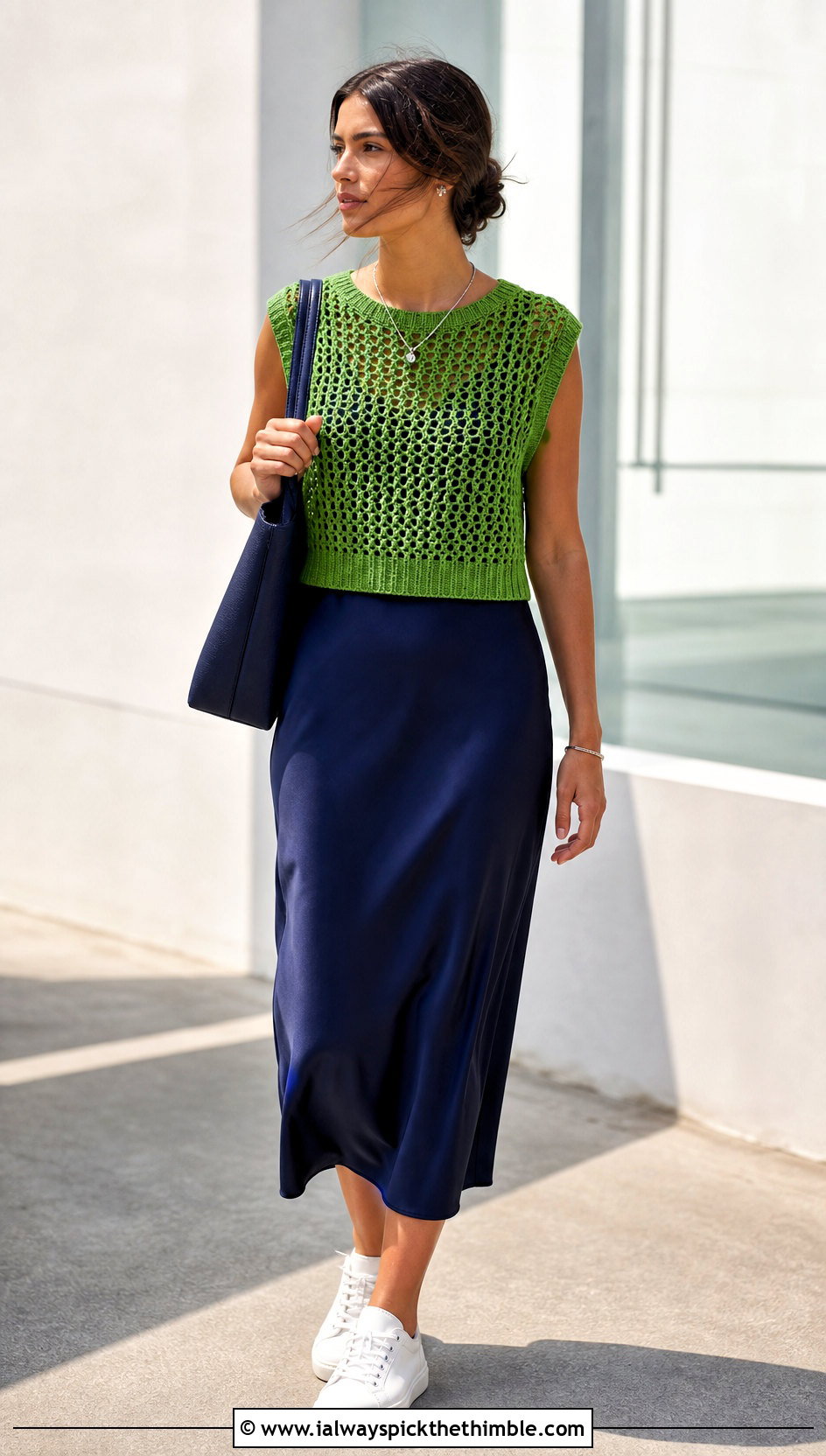 Open Weave Crochet Sweater Vest With Slip Dress - 15 basic crochet sweater vest outfit ideas
