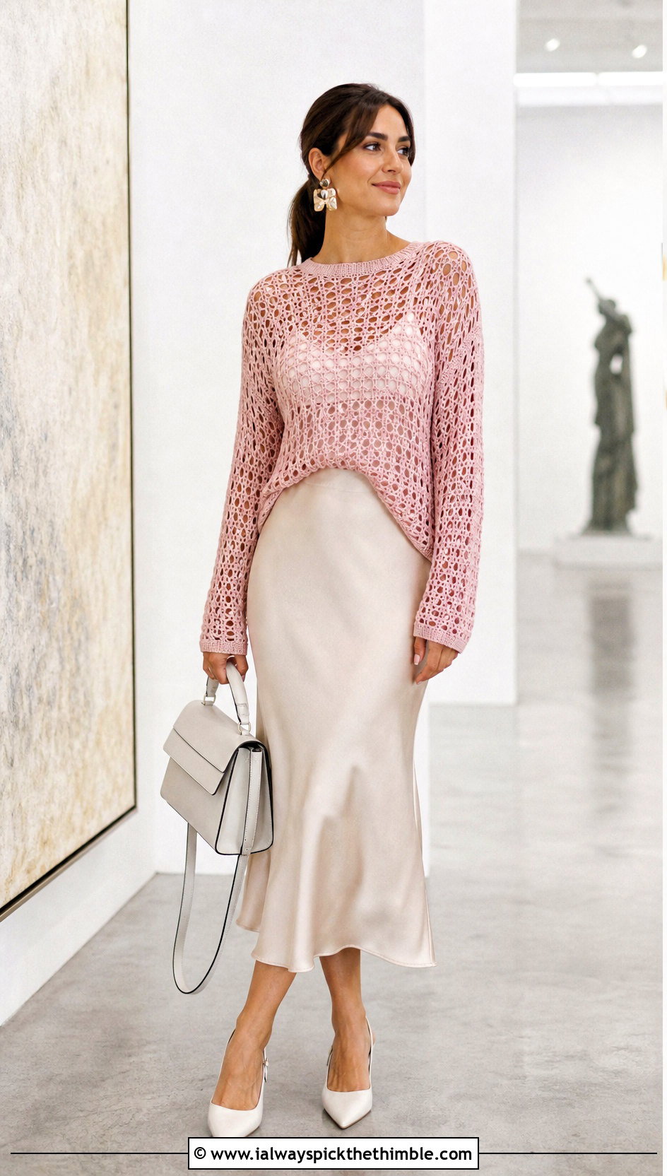 Open Weave Crochet Sweater With Satin Midi Skirt - 25 crochet sweaters women outfit ideas