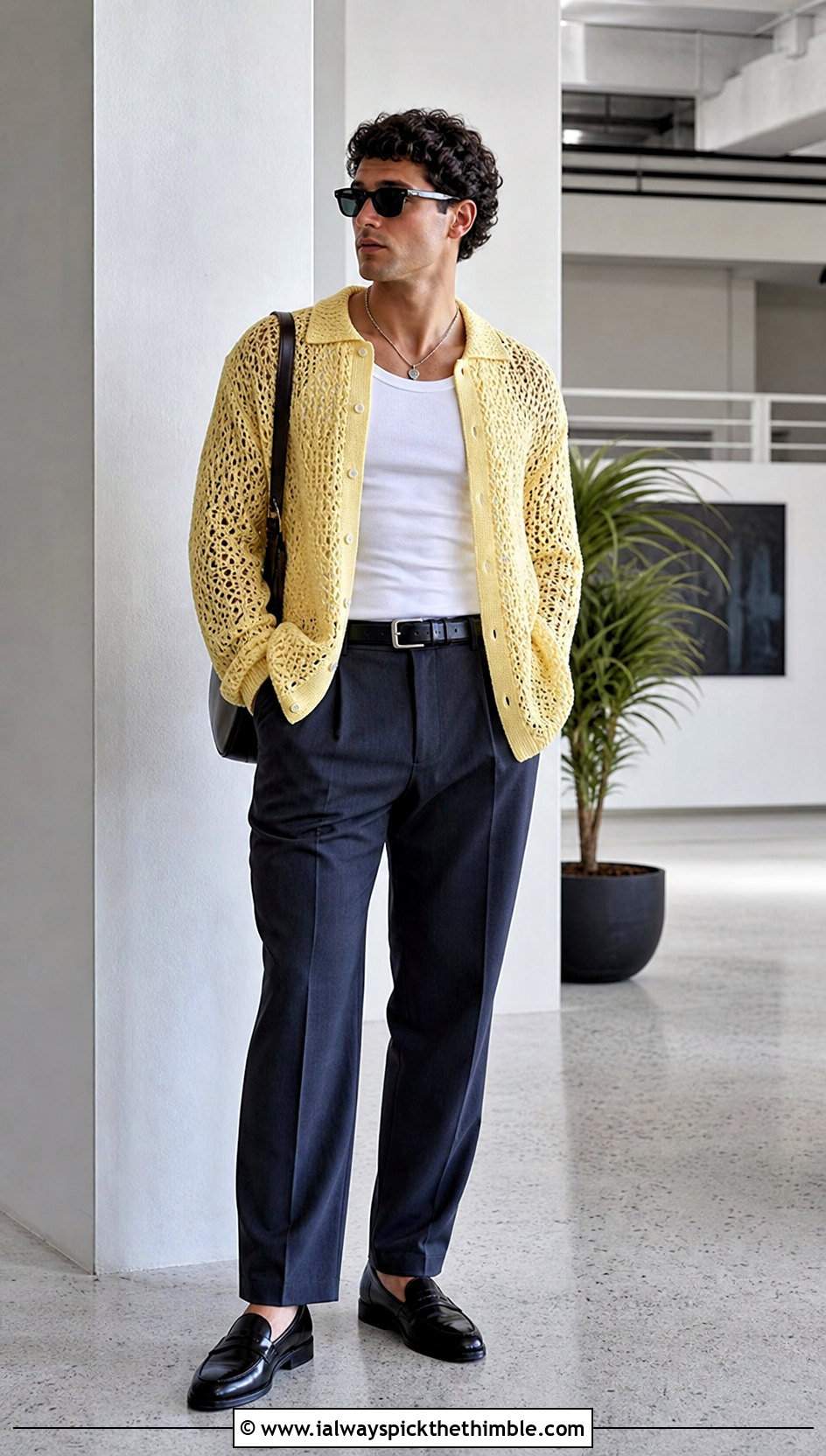 Open Weave Crochet Sweater With Tailored Trousers - 20 man crochet sweater outfit ideas