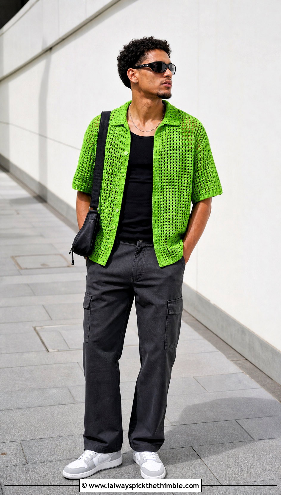 Open Weave Crochet T Shirt With Cargo Pants - 20 Mens Crochet Outfit ideas