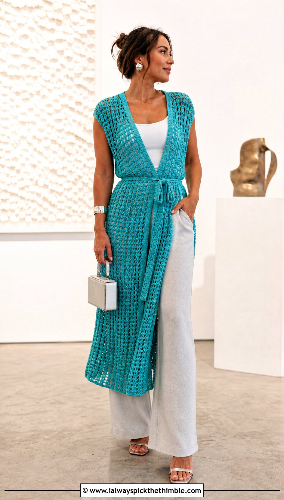 Open Weave Crochet Wrap Dress With Wide Leg Pants - 25 crochet wrap dress outfit ideas