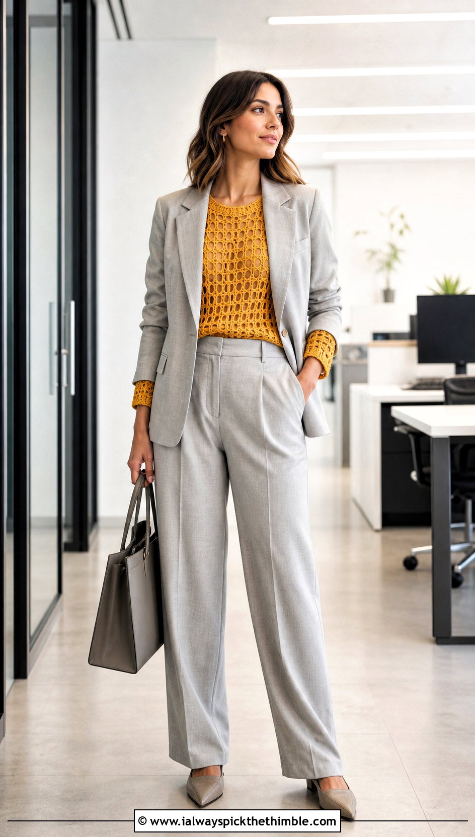 Open Weave Distressed Crochet Sweater With Trouser Suit - 25 distressed crochet sweater outfit ideas