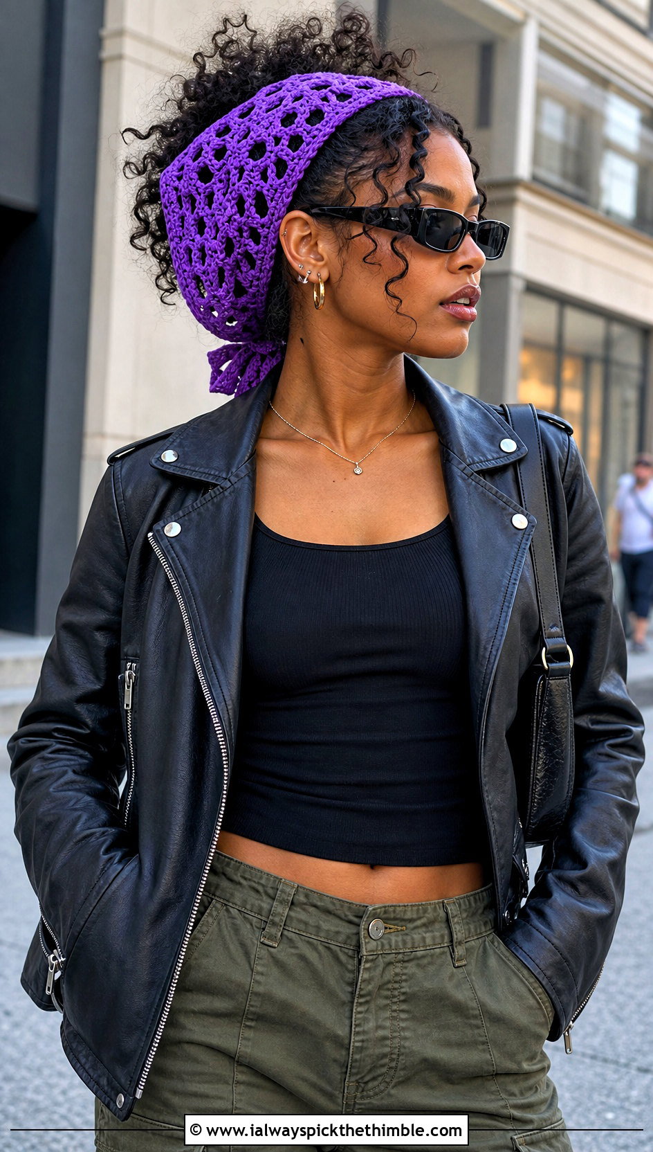 Open Weave Granny Square Hair Scarf With Leather Jacket And Cargo Pants - 20 granny square hair scarf outfit ideas