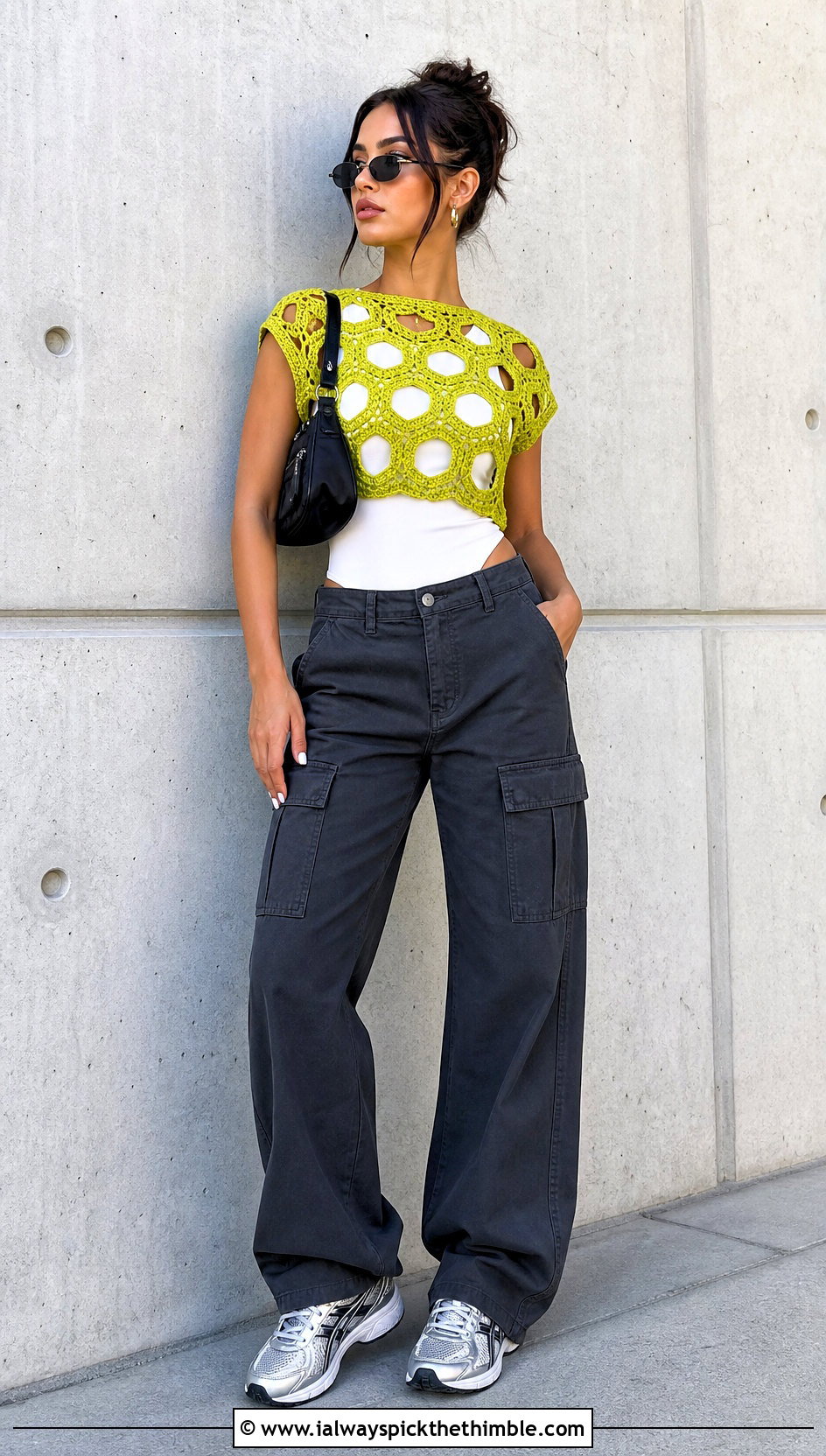 Open Weave Hexagon Crop Top With Cargo Pants - 20 crochet hexagon crop top outfit ideas