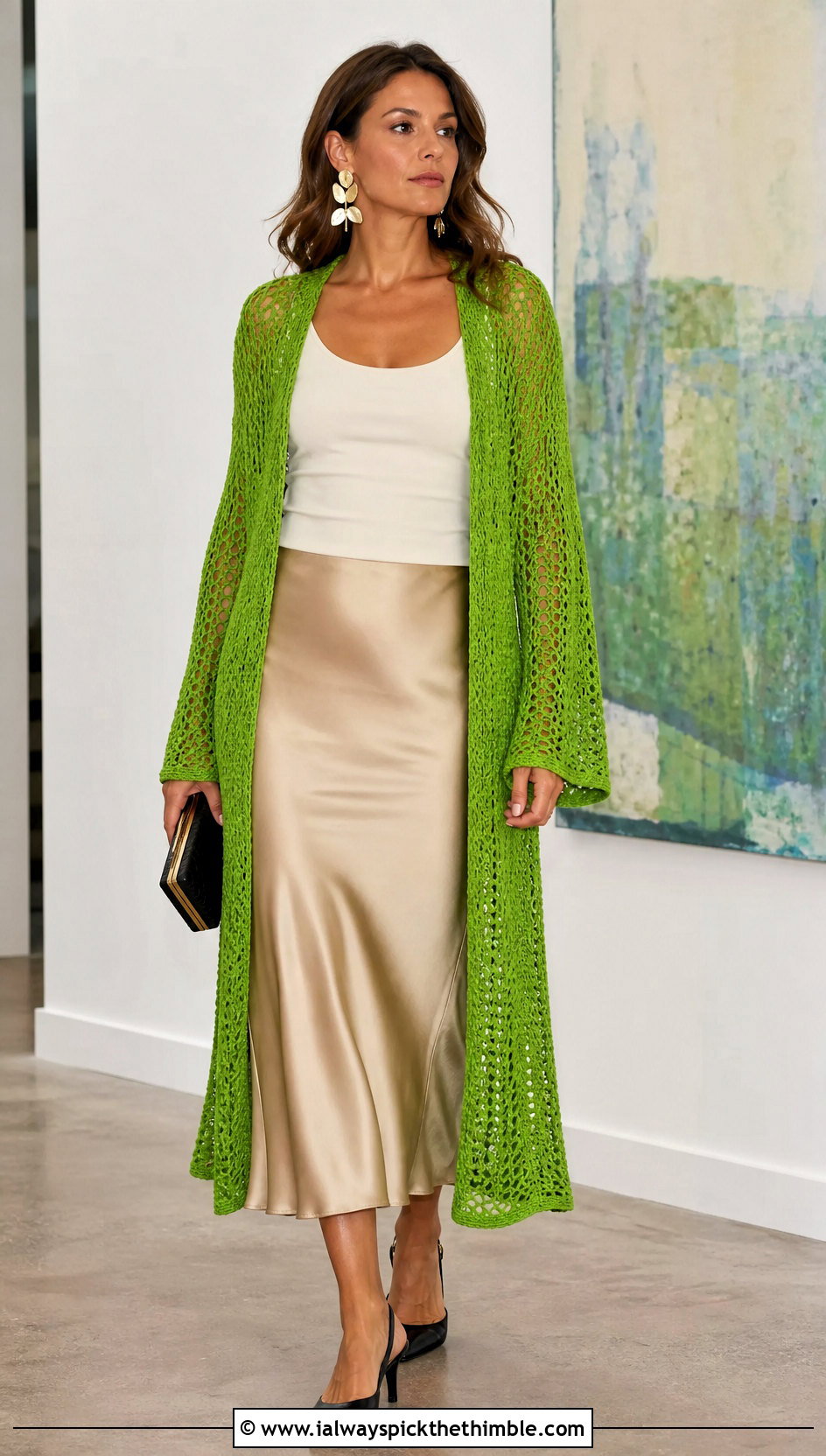 Open Weave Long Crochet Cardigan With Satin Midi Skirt - 20 long crochet cardigan outfit ideas