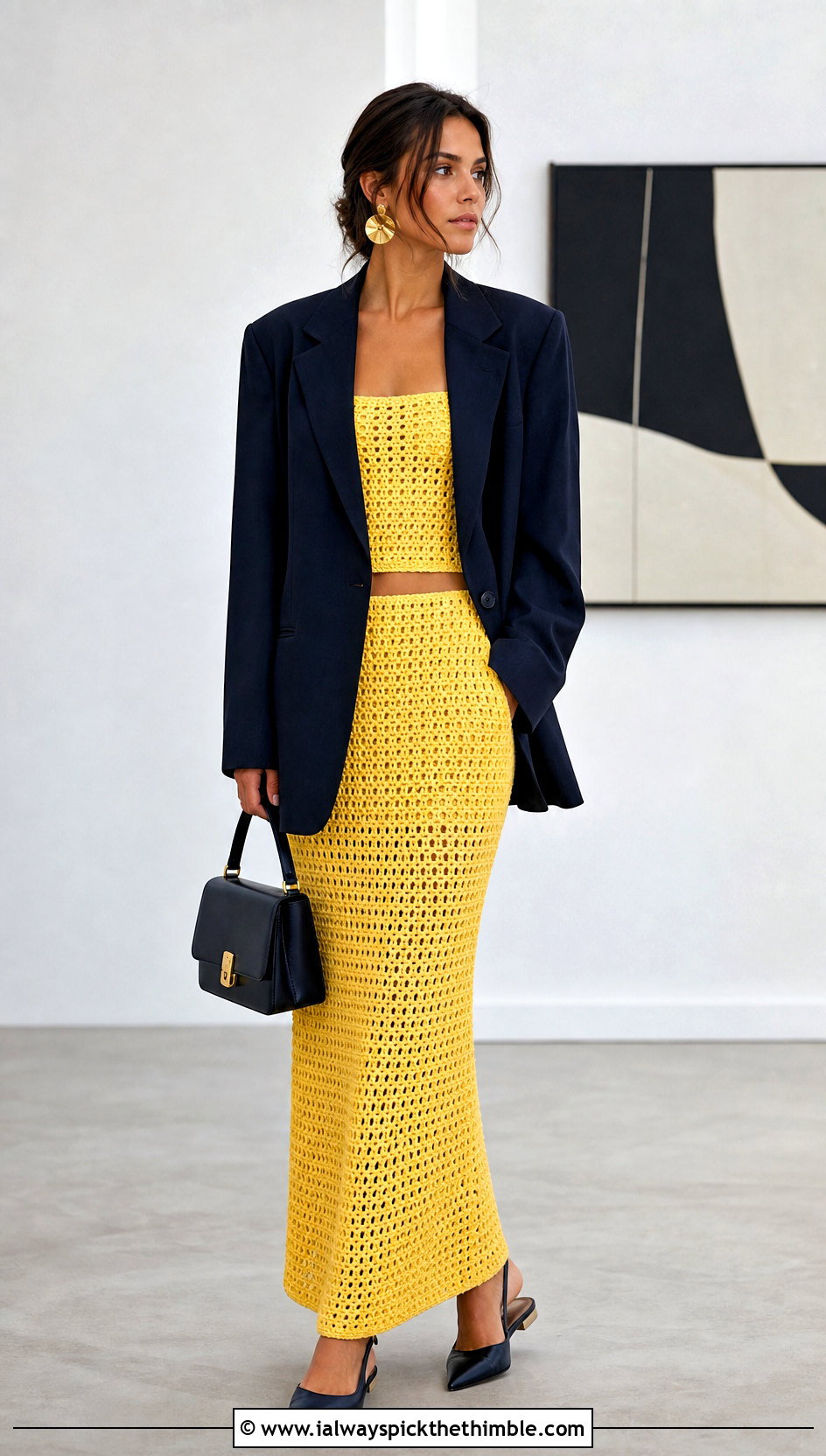 Open Weave Maxi Crochet Skirt Set With Oversized Blazer - 20 two piece crochet skirt set outfit ideas