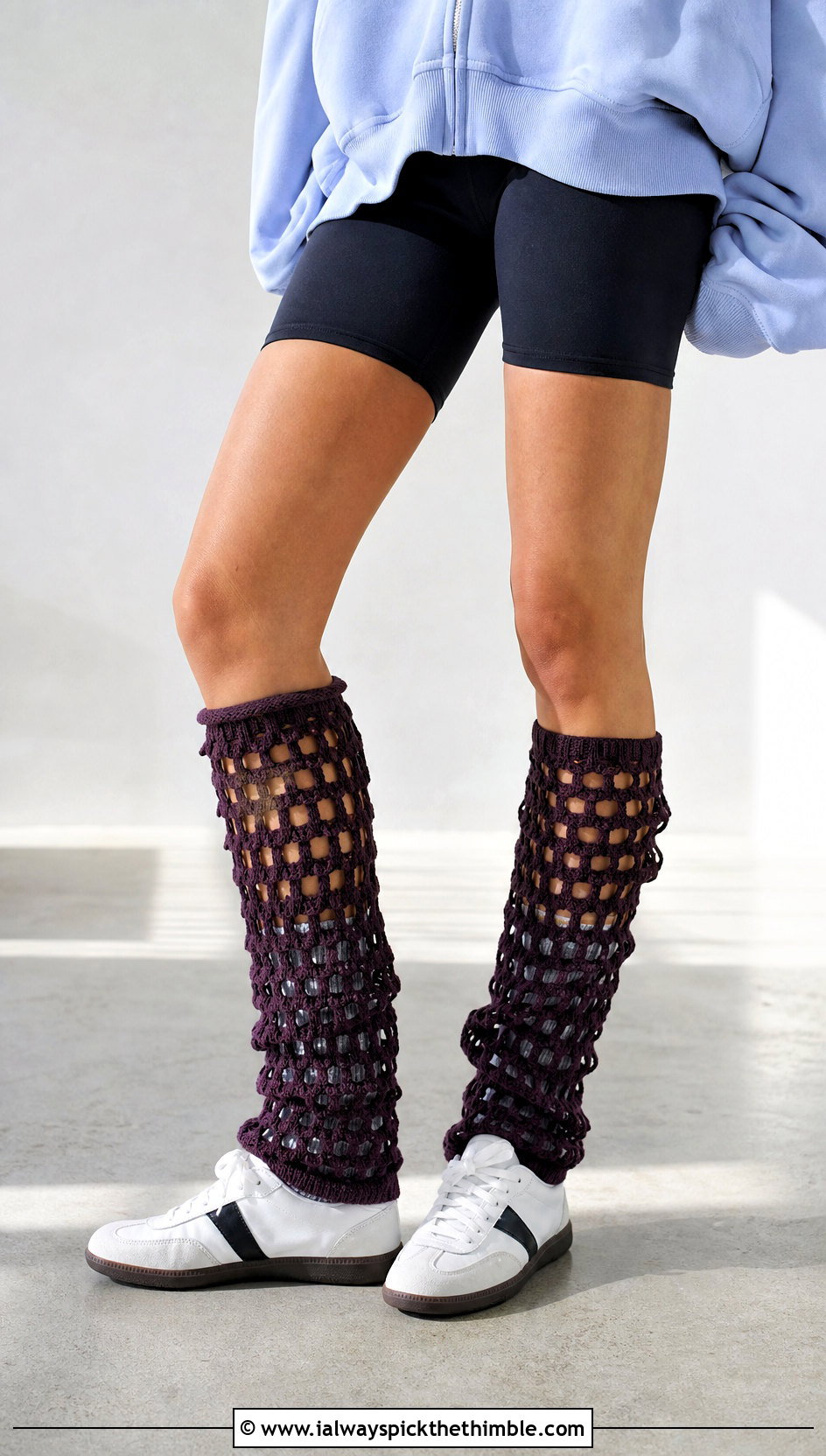 Open Weave Mesh Crochet Leg Warmers With Bike Shorts - 15 Crochet Clothes Leg Warmers outfit ideas