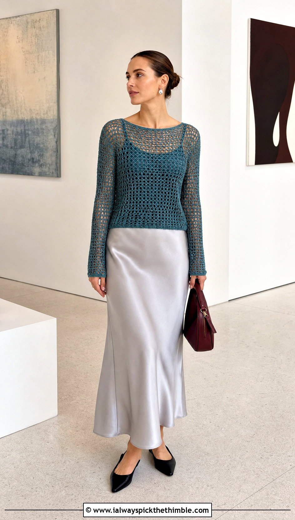 Open Weave Mesh Crochet Sweater With Satin Slip Skirt - 20 Crochet Quick Sweater outfit ideas