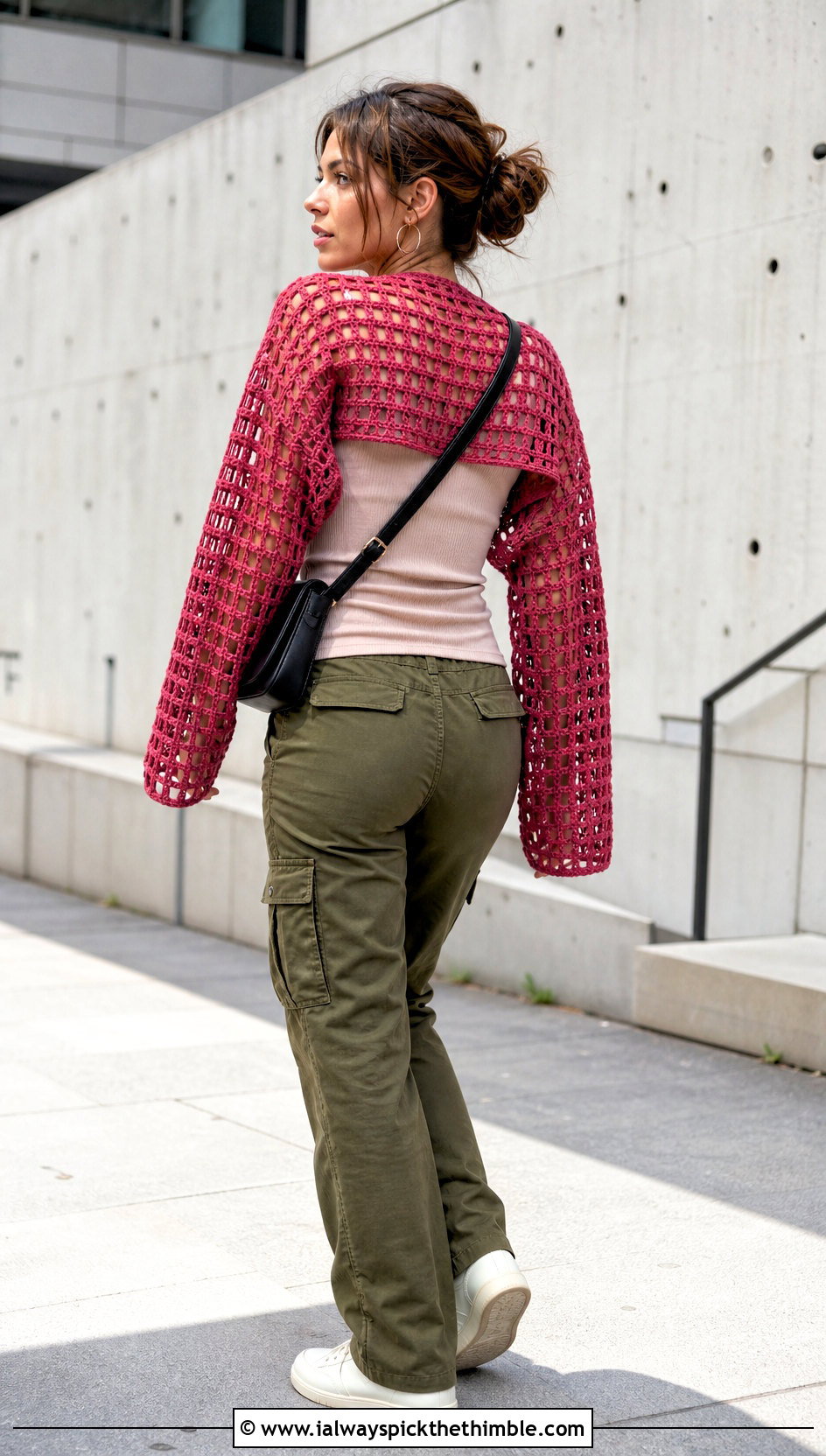 Open Weave Rectangle Crochet Shrug With Cargo Pants - 20 Rectangle Crochet Shrug outfit ideas