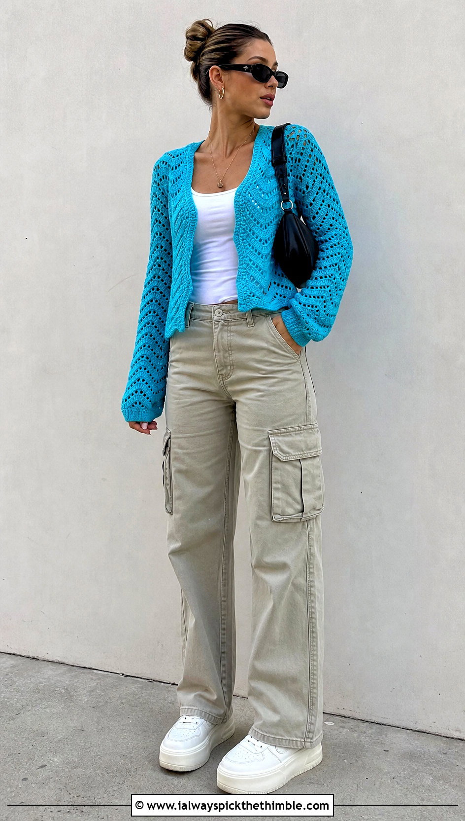 Open Weave Ripple Sweater With Cargo Pants - 20 crochet ripple sweater outfit ideas